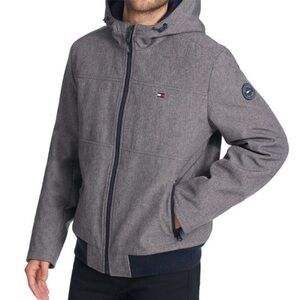 Mens Large Y2K Inspired TOMMY HILFIGER 1985 Grey Navy Softshell Bomber Jacket